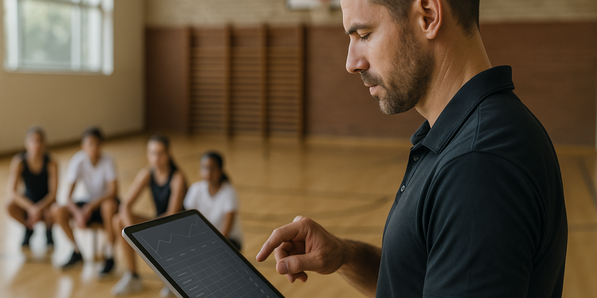 Instrutor marcando presença em app para chamada de alunos em um tablet, com turma ao fundo e ambiente educacional iluminado
