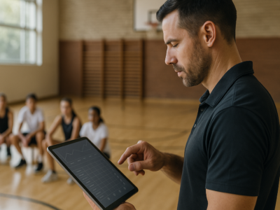 Instrutor marcando presença em app para chamada de alunos em um tablet, com turma ao fundo e ambiente educacional iluminado