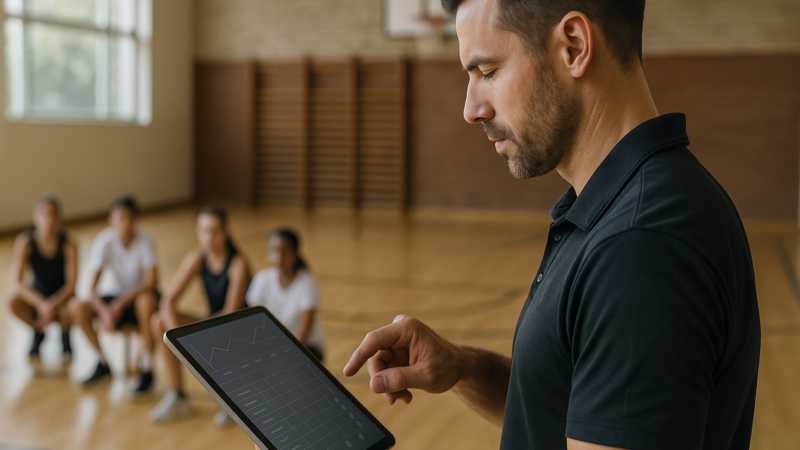 Instrutor marcando presença em app para chamada de alunos em um tablet, com turma ao fundo e ambiente educacional iluminado