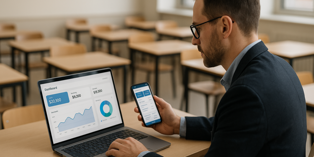 Gestor de escola conferindo mensalidades de alunos em dashboard digital no notebook e no celular, em ambiente educacional