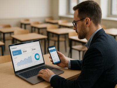 Gestor de escola conferindo mensalidades de alunos em dashboard digital no notebook e no celular, em ambiente educacional