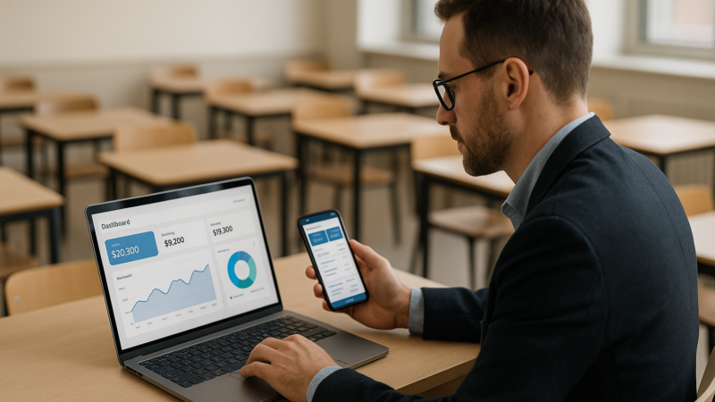 Gestor de escola conferindo mensalidades de alunos em dashboard digital no notebook e no celular, em ambiente educacional