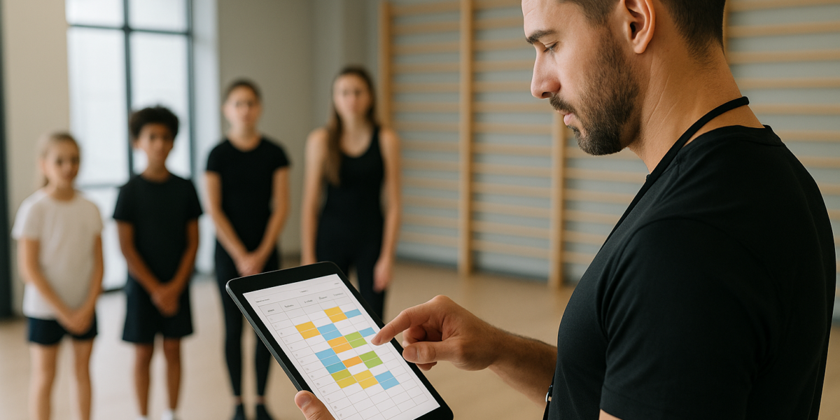 Instrutor organizando turmas de alunos em um tablet, com grade de horários e alunos ao fundo em ambiente educacional moderno