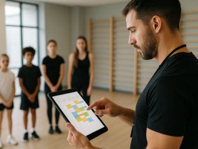 Instrutor organizando turmas de alunos em um tablet, com grade de horários e alunos ao fundo em ambiente educacional moderno