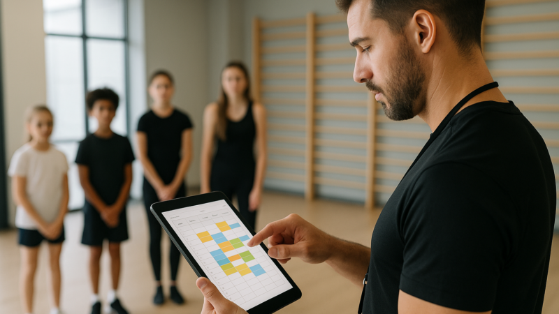 Instrutor organizando turmas de alunos em um tablet, com grade de horários e alunos ao fundo em ambiente educacional moderno