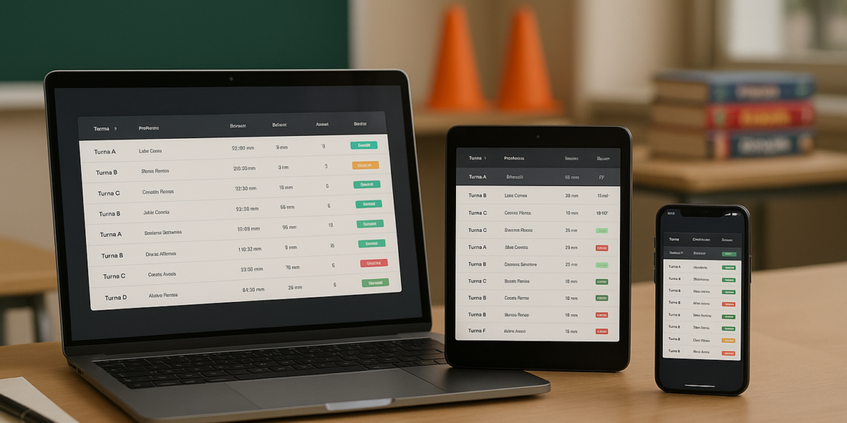 Dashboard de sistema para organizar turmas exibido em laptop, tablet e smartphone, representando gestão escolar e esportiva em múltiplos dispositivos