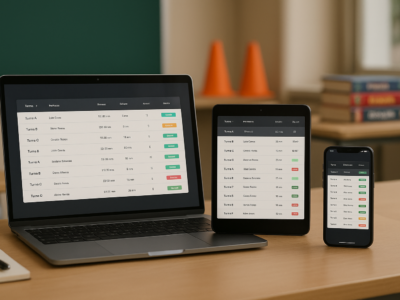 Dashboard de sistema para organizar turmas exibido em laptop, tablet e smartphone, representando gestão escolar e esportiva em múltiplos dispositivos