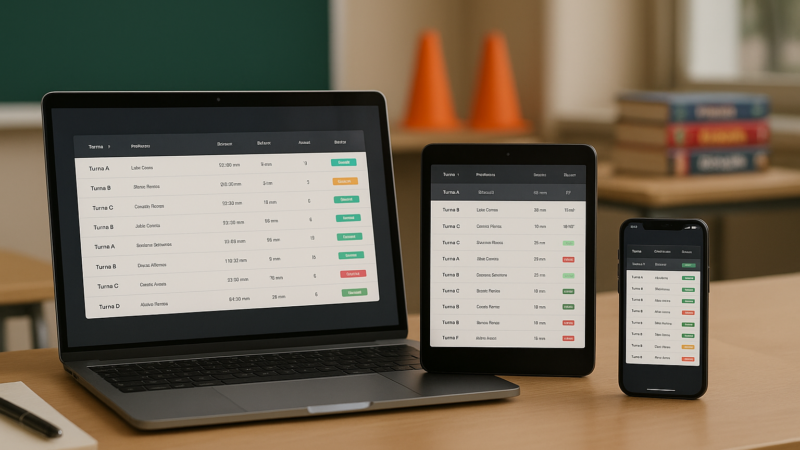 Dashboard de sistema para organizar turmas exibido em laptop, tablet e smartphone, representando gestão escolar e esportiva em múltiplos dispositivos