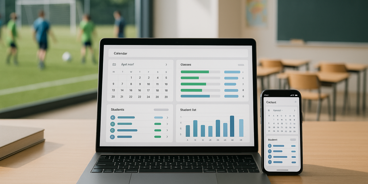 Gestor organizando turmas, horários e modalidades em laptop e smartphone com painel do app Controle de Alunos