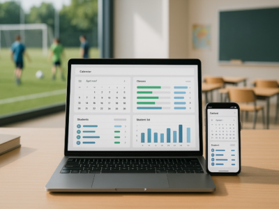 Gestor organizando turmas, horários e modalidades em laptop e smartphone com painel do app Controle de Alunos