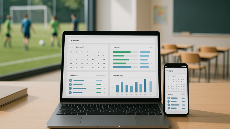 Gestor organizando turmas, horários e modalidades em laptop e smartphone com painel do app Controle de Alunos