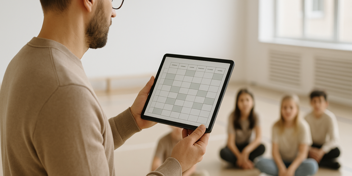 Educador planejando grade semanal de aulas em um tablet, com alunos ao fundo em sala ou quadra, iluminação natural e composição horizontal.
