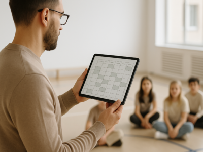 Educador planejando grade semanal de aulas em um tablet, com alunos ao fundo em sala ou quadra, iluminação natural e composição horizontal.