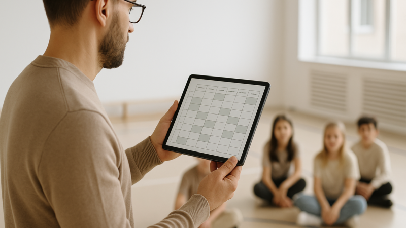 Educador planejando grade semanal de aulas em um tablet, com alunos ao fundo em sala ou quadra, iluminação natural e composição horizontal.